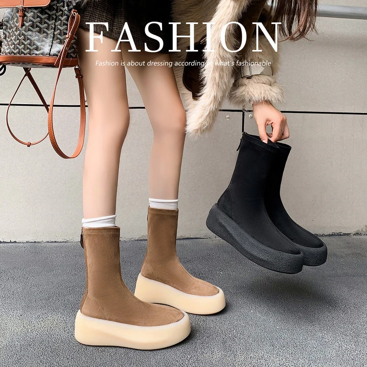 厚底弹力瘦瘦靴2025冬季新款短筒女靴子大码小个子高筒骑士靴长靴