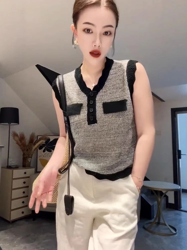 欧洲站夏季新款时尚韩版设计感V领拼色休闲宽松冰丝无袖针织马甲