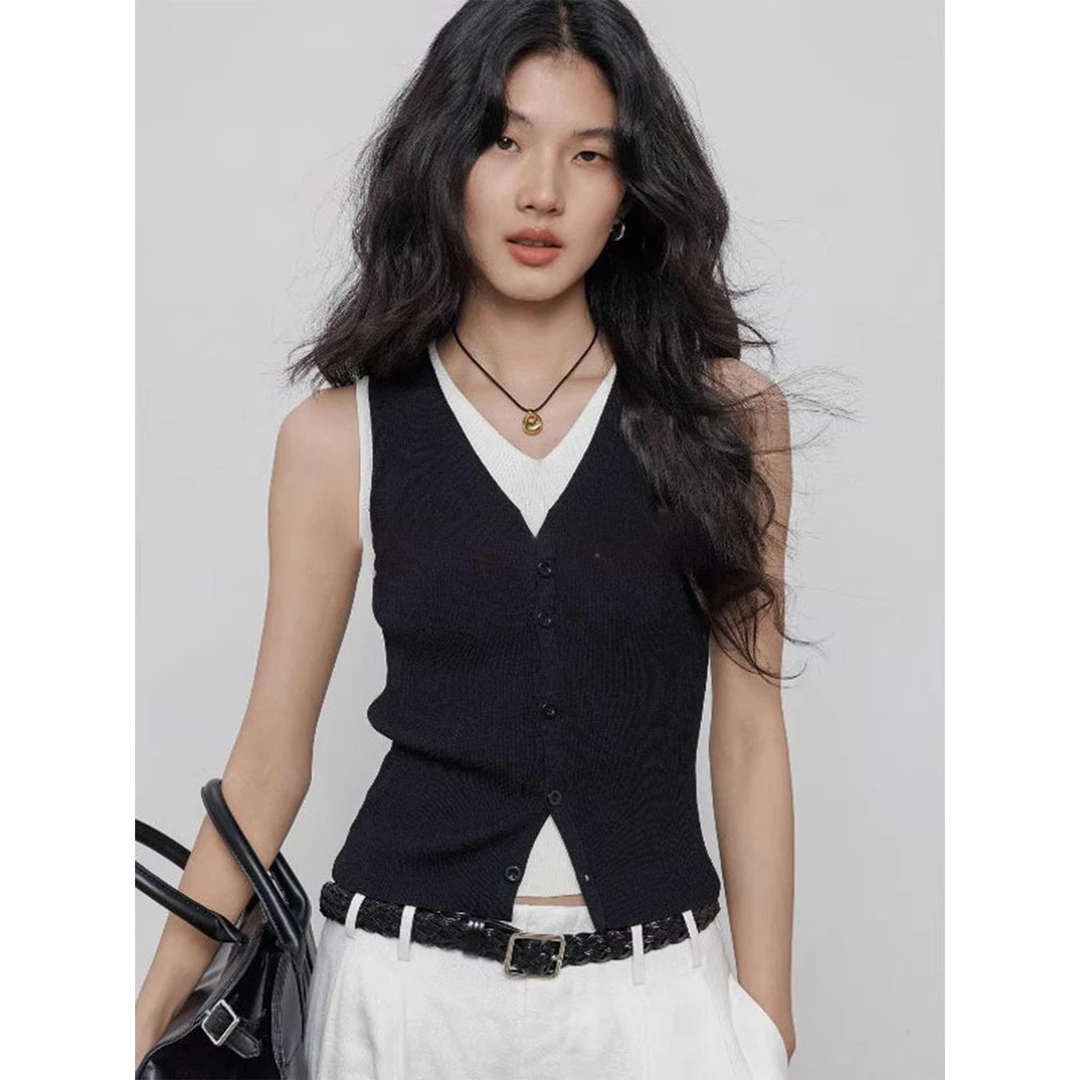 极简风假两件针织吊带背心女法式设计感小众叠穿V领修身无袖上衣