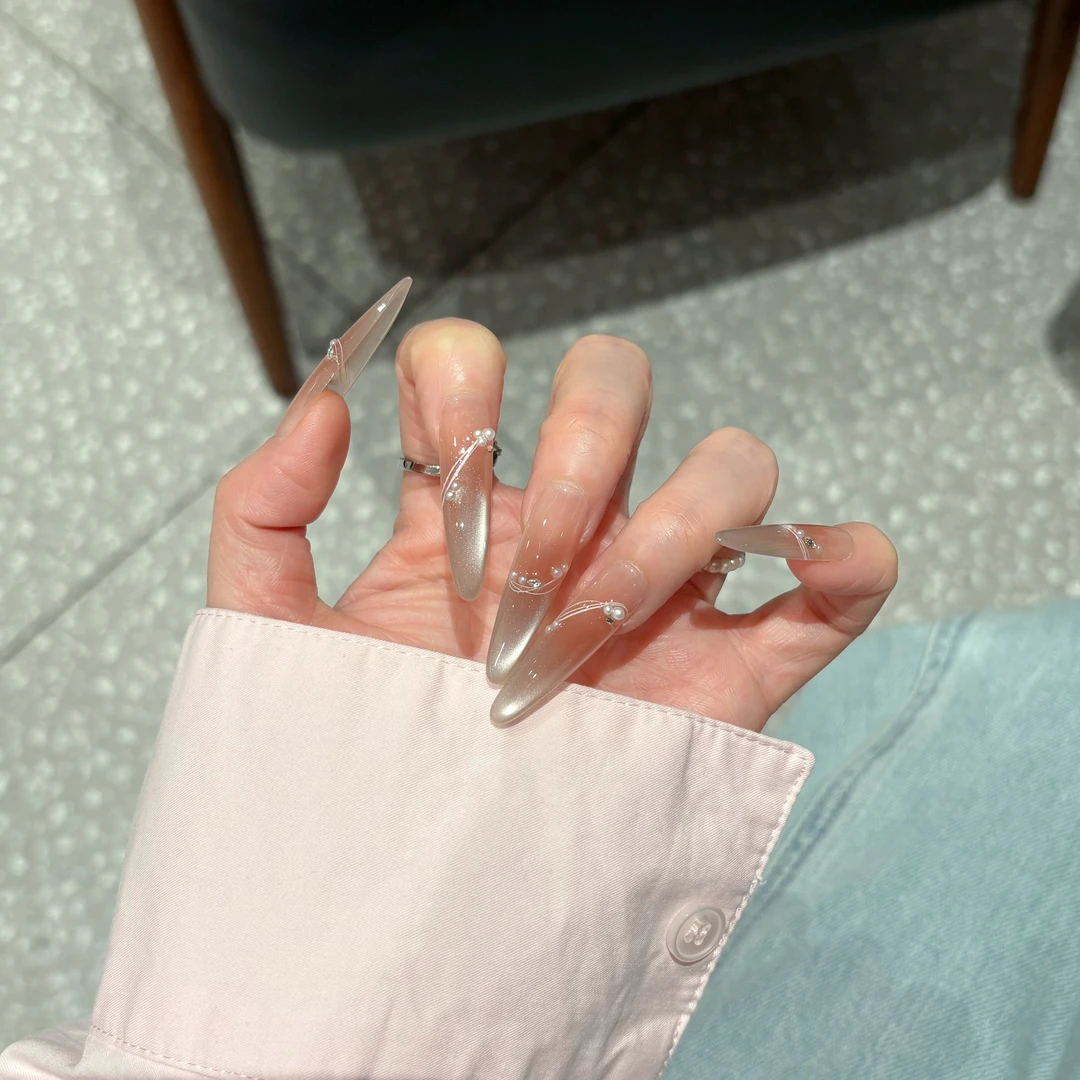 【324】柚米穿戴甲 腮红渐变猫眼纯欲温柔珍珠美甲