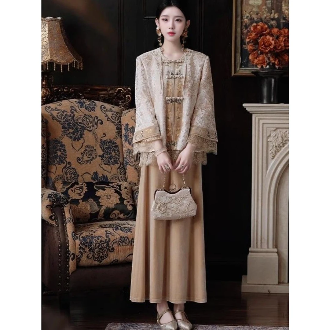 新中式重工提花刺绣拼接蕾丝外套半裙时尚套装女小香风气质高级感