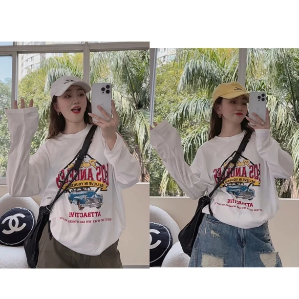 佟掌柜-小汽车防晒 圆领薄宽松百搭休闲印花T恤夏季