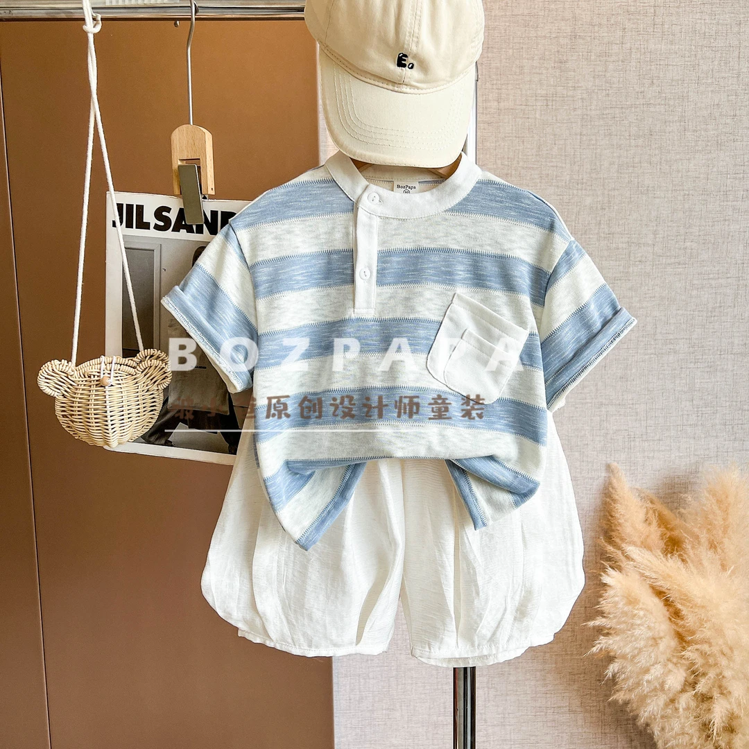 啵小爸【蓝条织梦】2025夏季男童韩系蓝白条纹领口设计感POLO衫