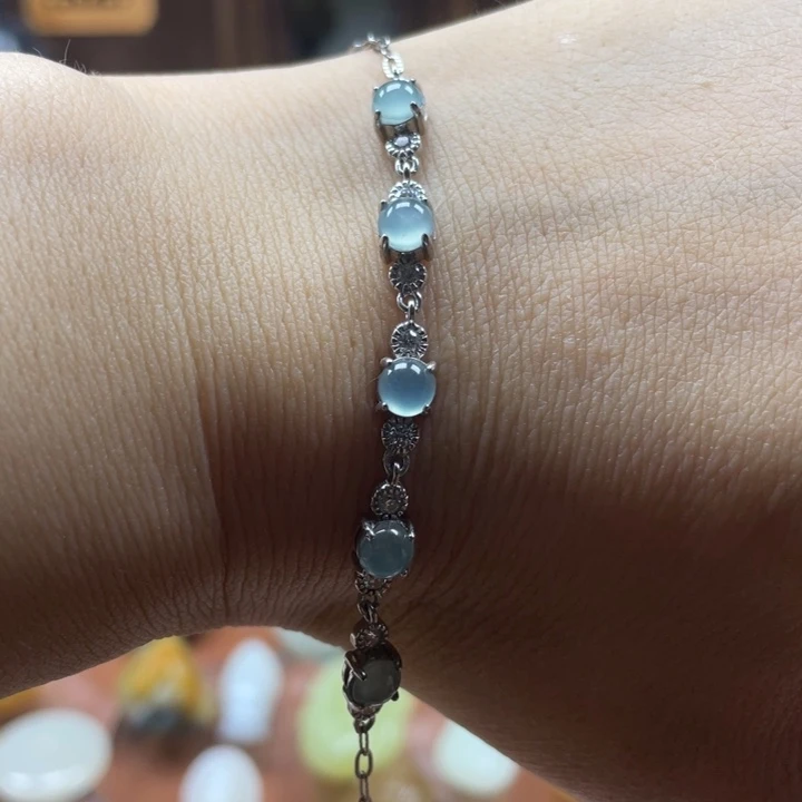 银S925镶嵌手链翡翠涓**望翡翠手链s925银镶嵌