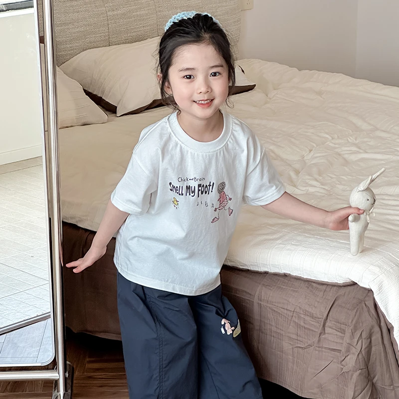 女童短袖t恤夏装纯棉2025新款白色卡通半袖上衣中小童儿童体恤衫
