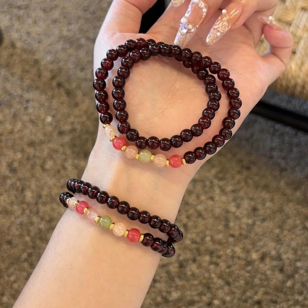 中式碧喜彩虹串珠手串国风石榴红编织闺蜜手链