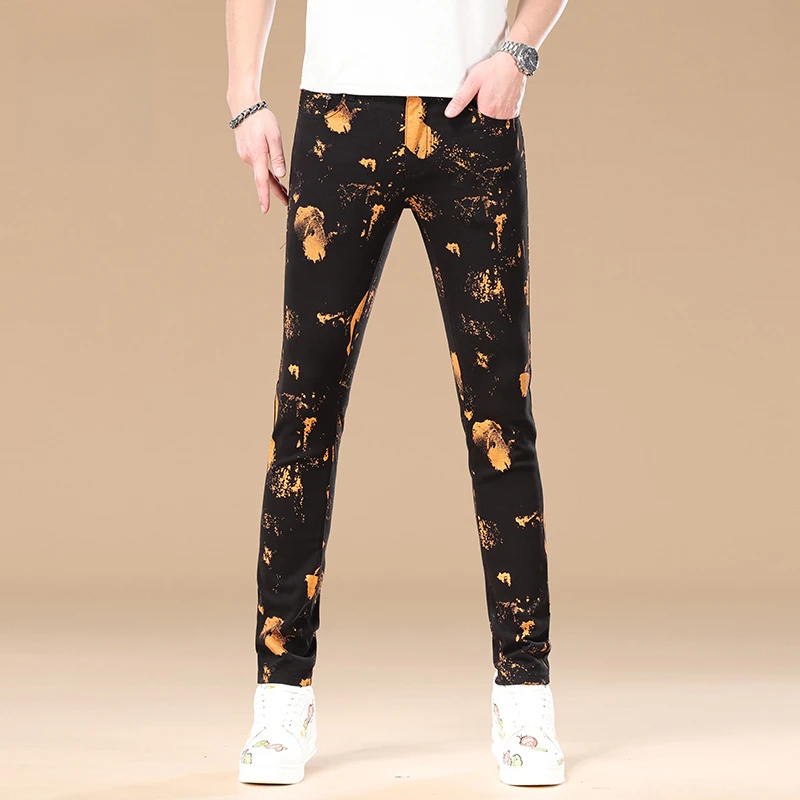 男士牛仔裤薄款修身小脚弹力2025春夏新款高端时尚潮流印