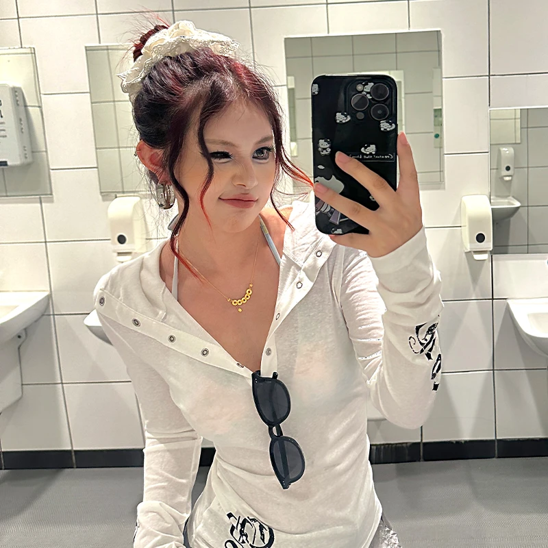 达蒙岛夏季美式辣妹半开领连帽防晒外套女十字架印花修身显瘦上衣