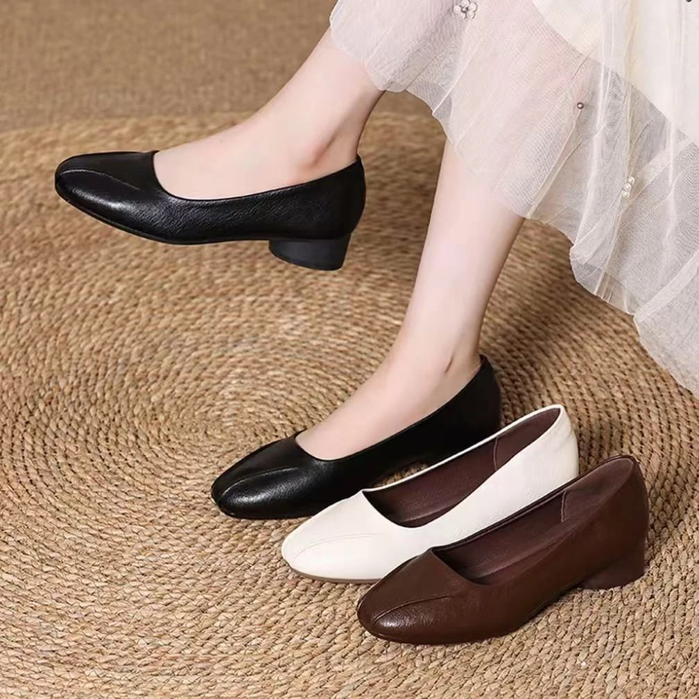 【朵苮品牌】法式粗跟平底鞋单鞋女鞋春秋新款妈妈气质软底鞋8980