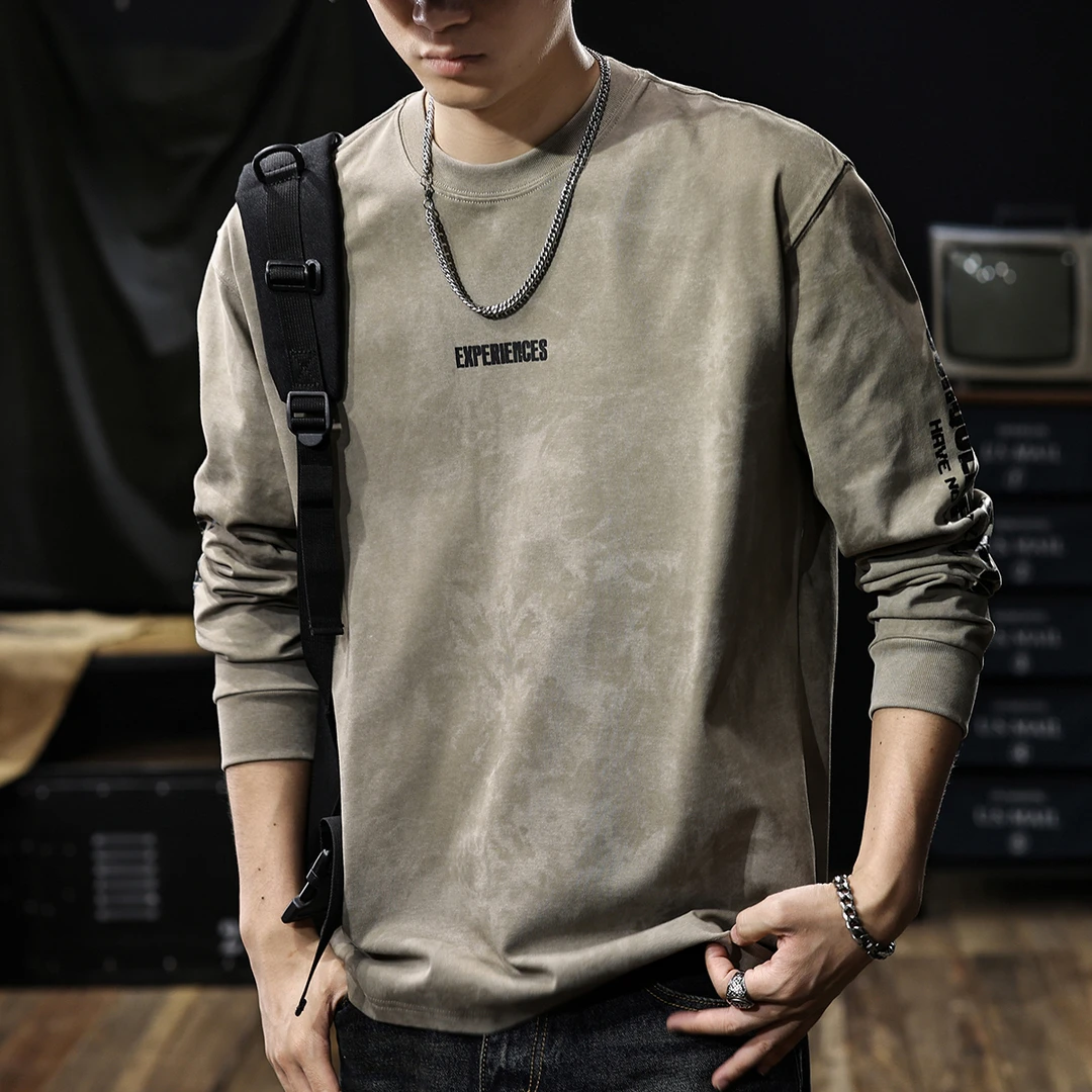 重磅美式复古提花长袖t恤男2025春季新款大码水洗炒色做旧打底衫