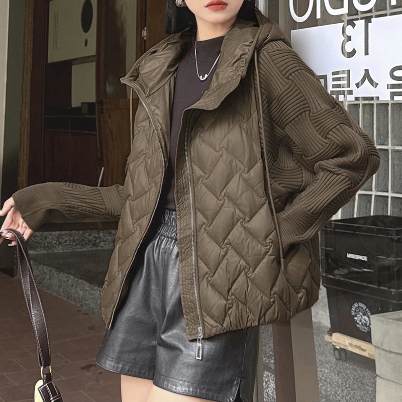 设计感气质连帽针织拼接羽绒服外套女669-8820