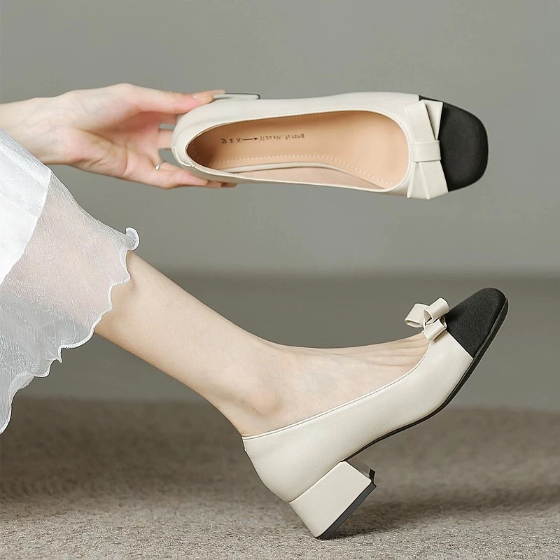 666-1真皮法式单鞋女春秋2025新款浅口仙女晚风粗跟小香风女鞋