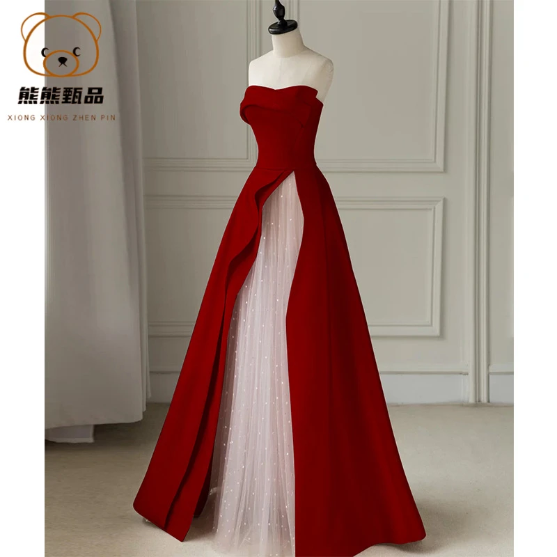 敬酒服新娘结婚酒红色订婚礼服双12新款秋冬轻奢晚礼服缎面长款by