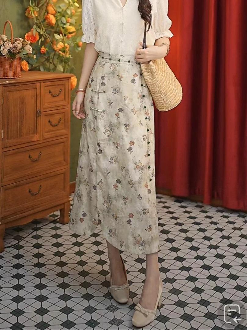 张嘉圆   25年新款气质高腰百搭显瘦碎花设计半身裙#K0056