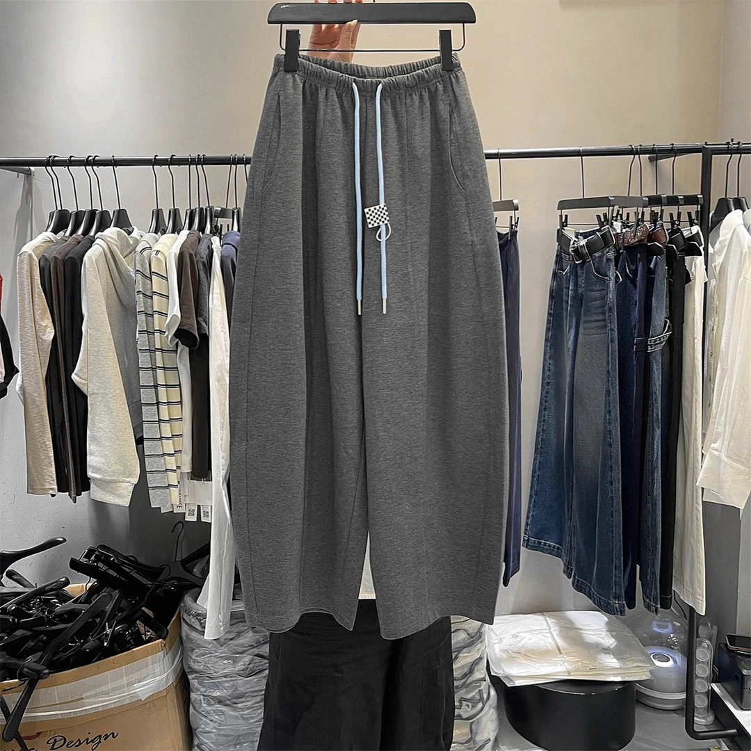 慵懒风松弛感早秋高腰抽绳撞色弯刀裤女显瘦宽松阔腿裤松紧腰长裤