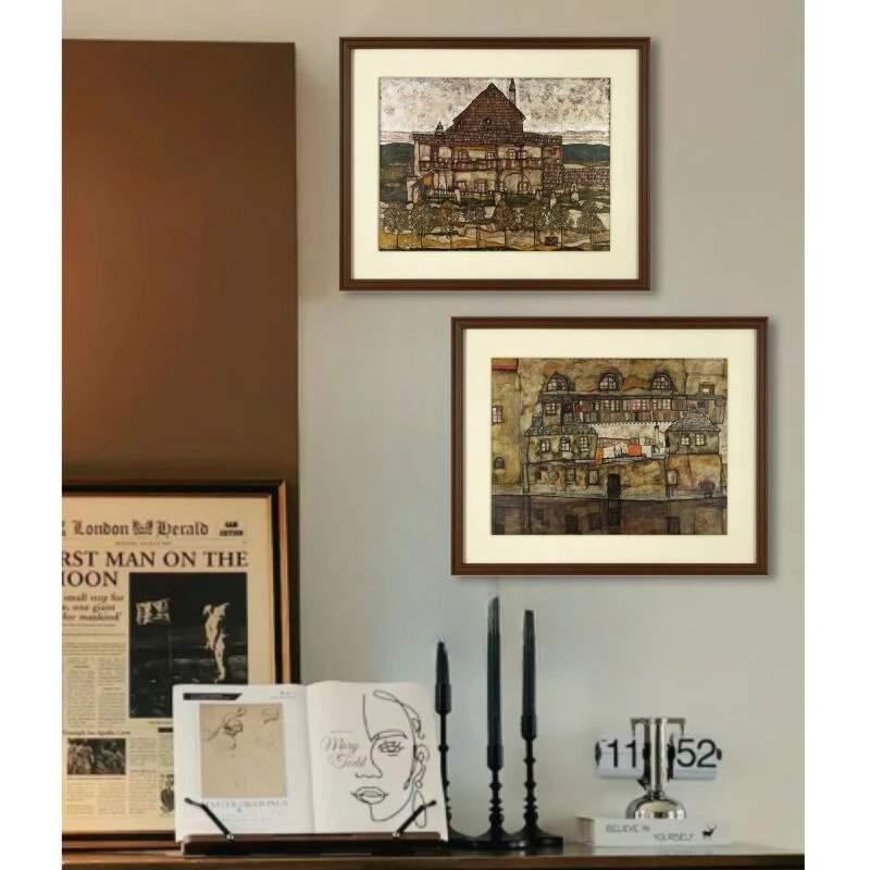 席勒的房子组合款 艺术装饰画 中古风现代客厅手工肌理实木框装饰