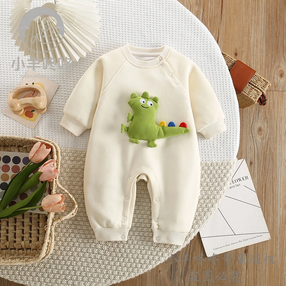 新款春秋季彩色尾巴套头恐龙单层男女宝呆萌童趣长袖连体衣爬爬服