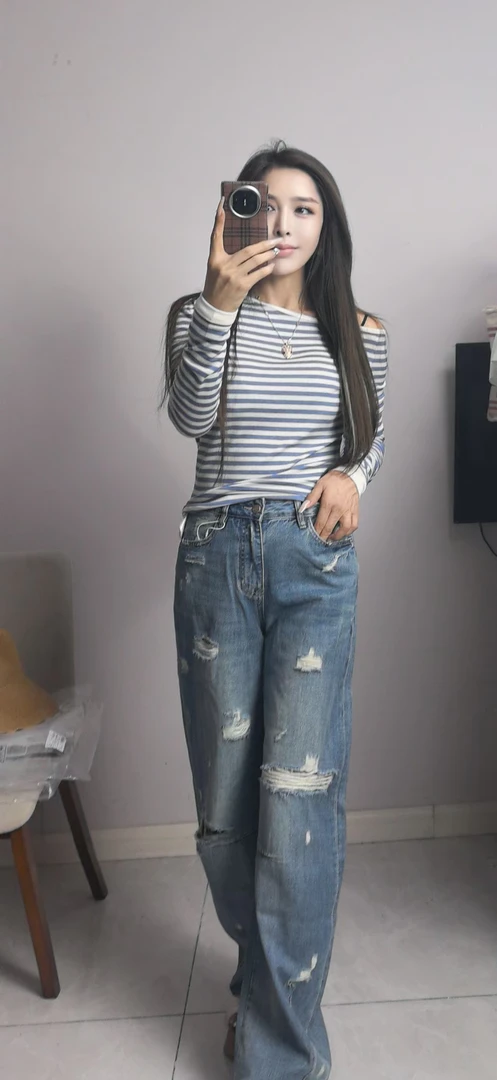 南油欧货设计师款破洞牛仔裤