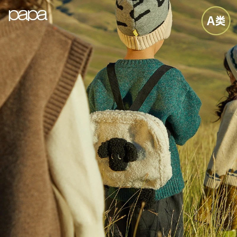 papa爬爬冬季小羊双肩包洋气儿童外出包可爱休闲小麦穗羊羔绒包包