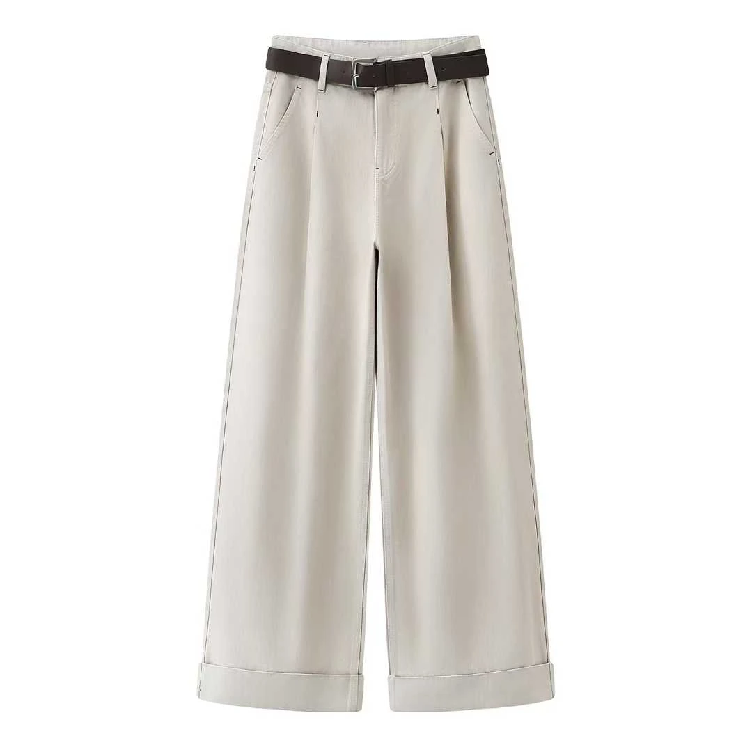 艾家商场同款带腰带2026春季新款高腰直筒阔腿裤牛仔裤女1152