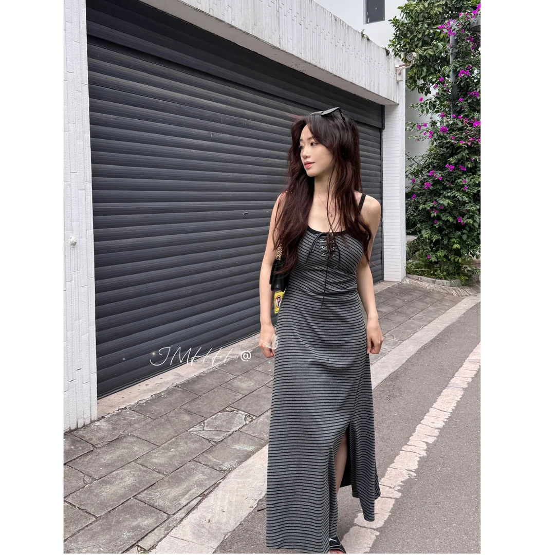 【卷毛花花】夏日韩系收腰松弛感显瘦黑色新款吊带裙长裙连衣裙裙子