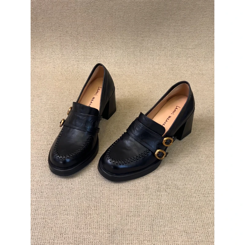 nnmiss/7cm复古金属扣百搭乐福鞋英伦风粗跟一脚蹬小皮鞋