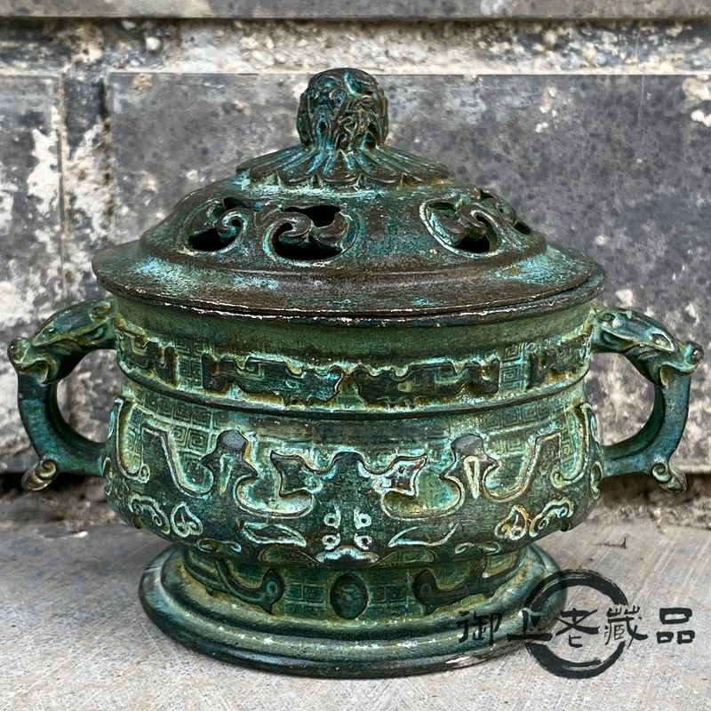 民间臧品包浆双耳复熏香炉六字箴言兽纹老器