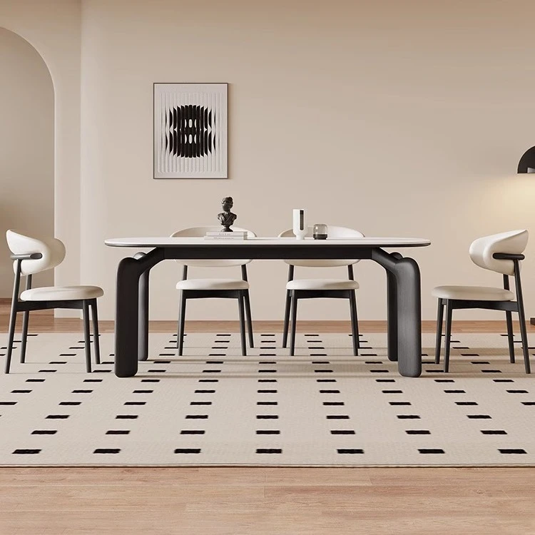 法式复古风餐桌家用小户型实木岩板餐桌长方形白蜡木大象腿吃饭桌