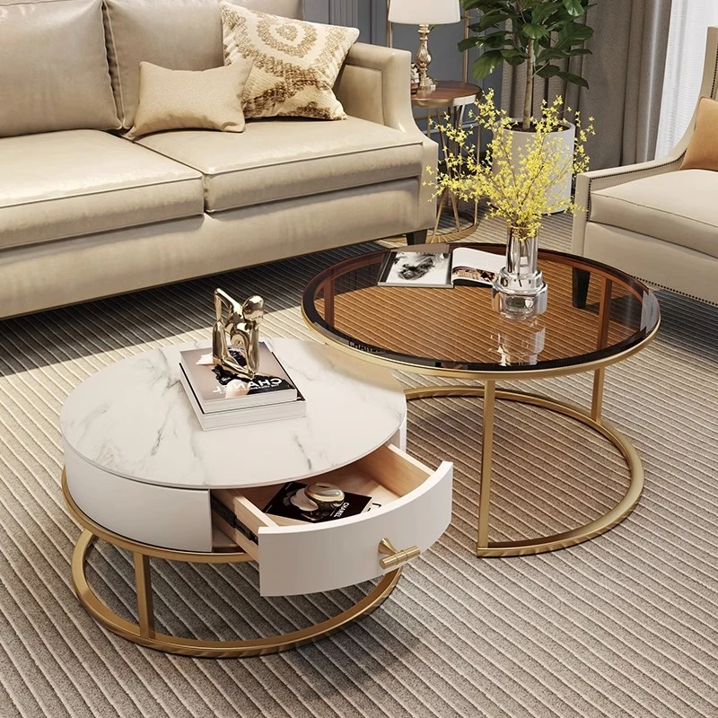 幕欧圆形茶几现代简约轻奢可移动客厅家用小户型岩板玻璃烤漆组合