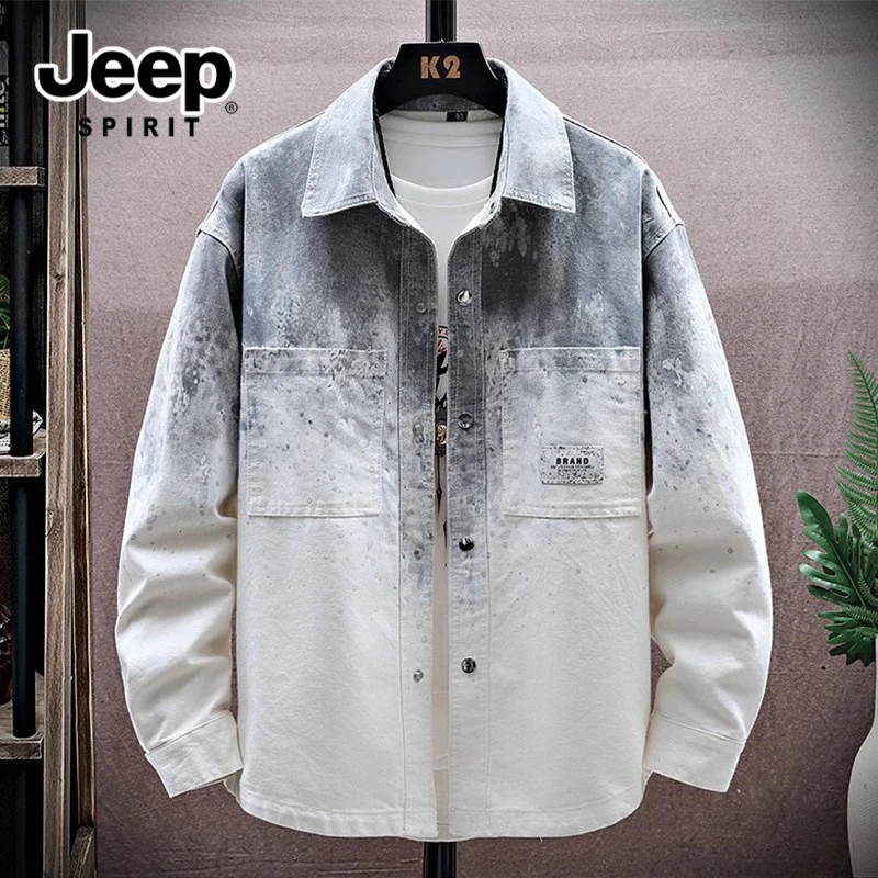 吉普潮牌印花外套男2025春季潮流百搭衬衫夹克上衣痞帅长袖衬衣男