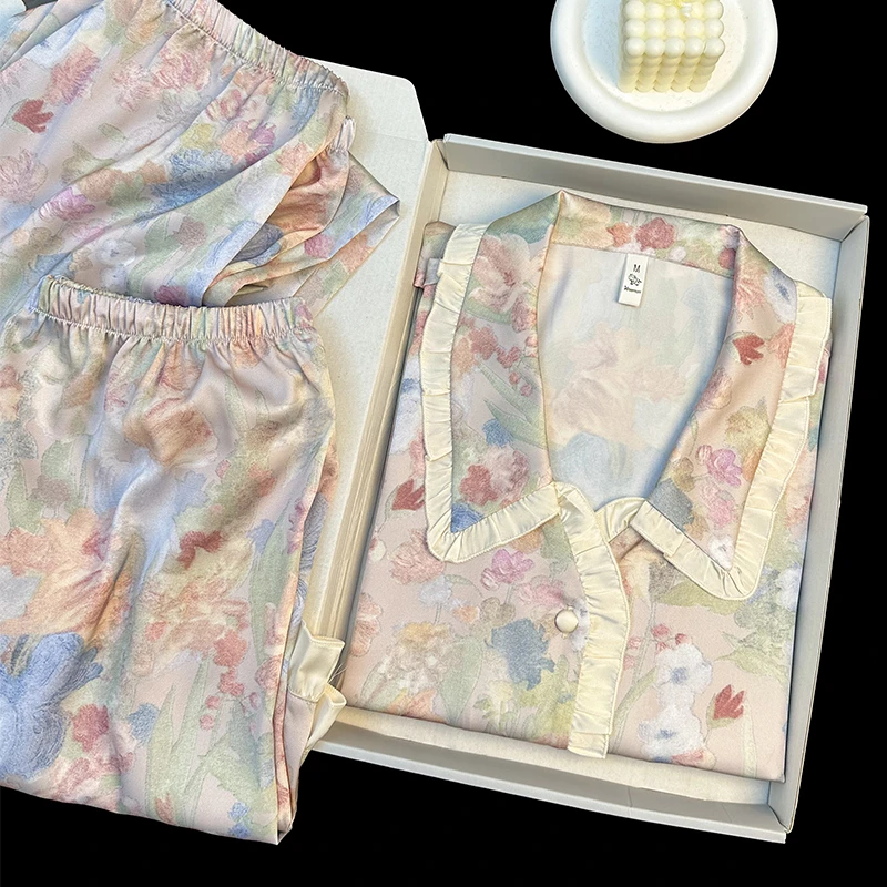 吉伦略索轻奢春秋季冰丝睡衣女长袖甜美油画繁花外穿家居服套装