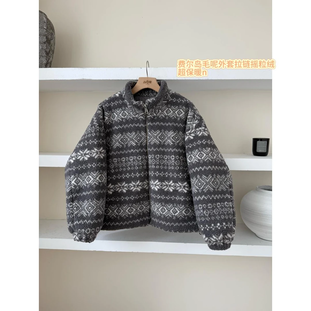 P0872-“费尔岛外套”费尔岛印花立领羊羔毛女韩版百搭宽松保暖外套