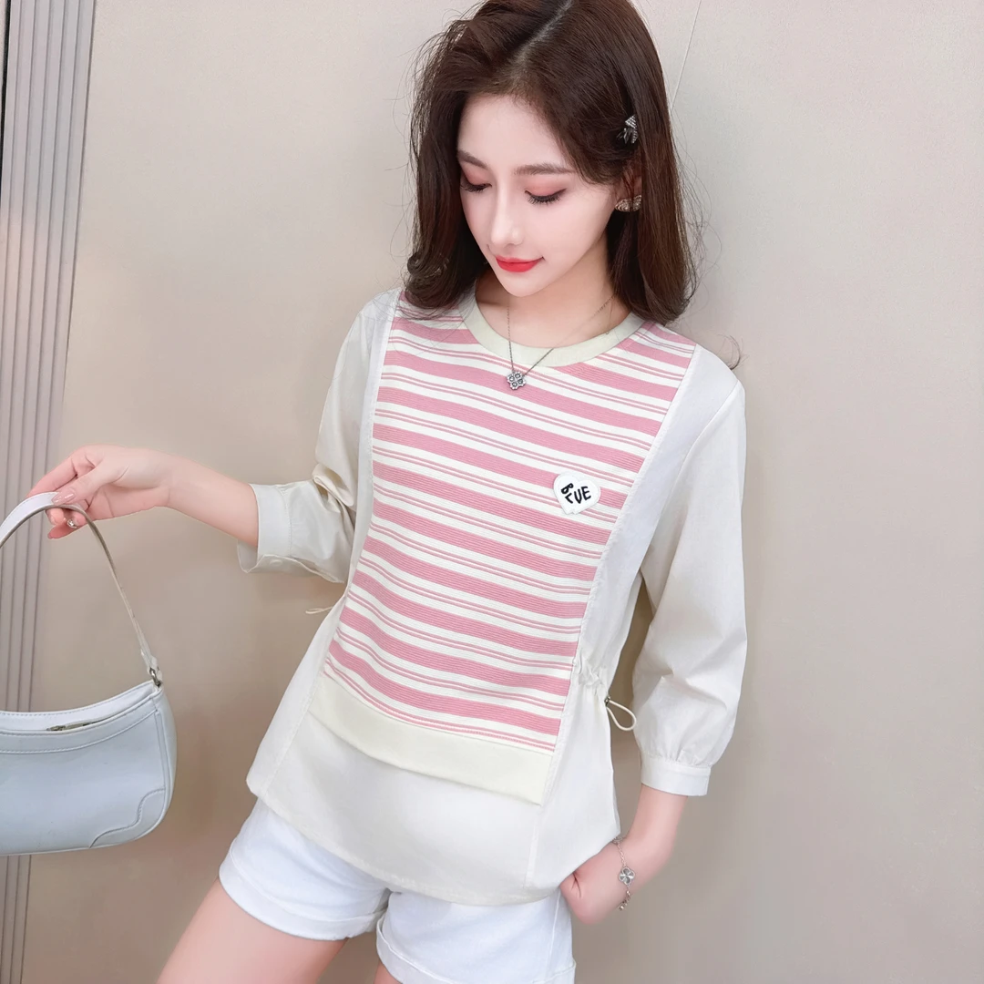 圆领休闲条纹假两件短袖衬衫女5803# 衣长63
