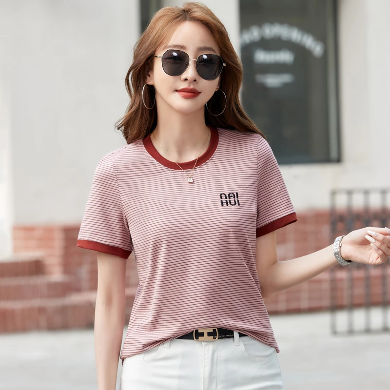 春夏季百搭纯棉时髦休闲风撞色条纹＋字母刺绣显瘦圆领短袖T恤