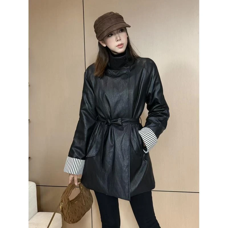 厚款加绒秋季长袖水洗皮系带绑带皮衣网红上衣城市机能风AM25661