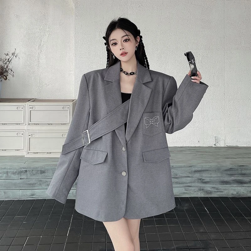 格雷系灰色西装外套女2025早春新款宽松高级感廓形垫肩西服上衣