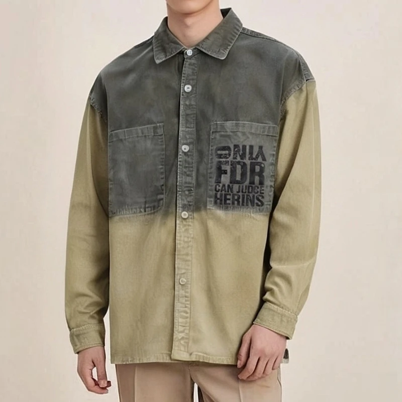 罗杰宾利渐变色纯棉长袖衬衫男字母印花设计感休闲宽松衬衣878306