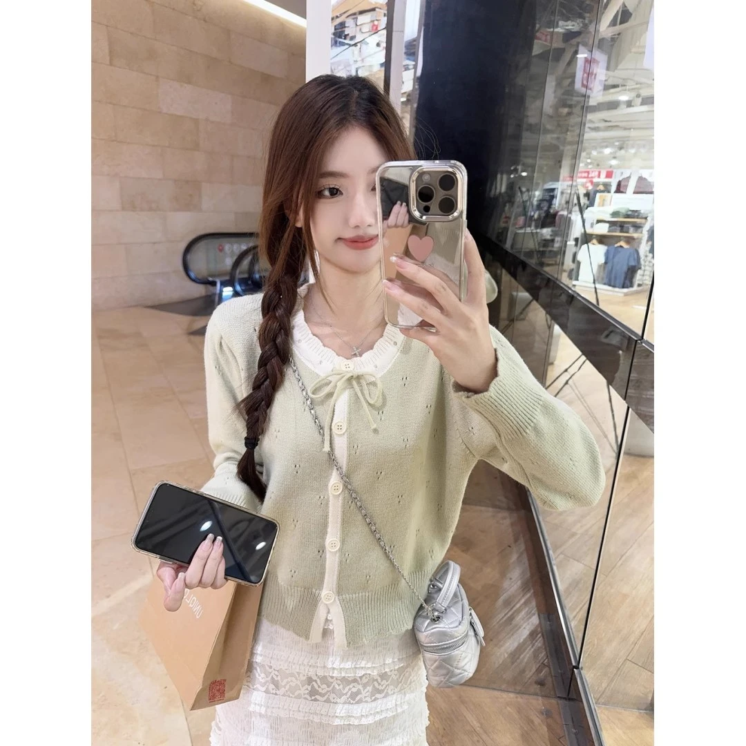 韩系甜美温柔风蝴蝶结针织毛衣外套女早秋薄款镂空撞色短款小上衣