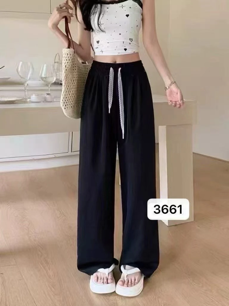 夏季新款蕾丝飘带高腰显瘦薄款阔腿裤女休闲长裤