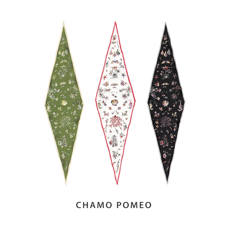 【海洋秘境】法式植物真丝丝巾菱形巾发带