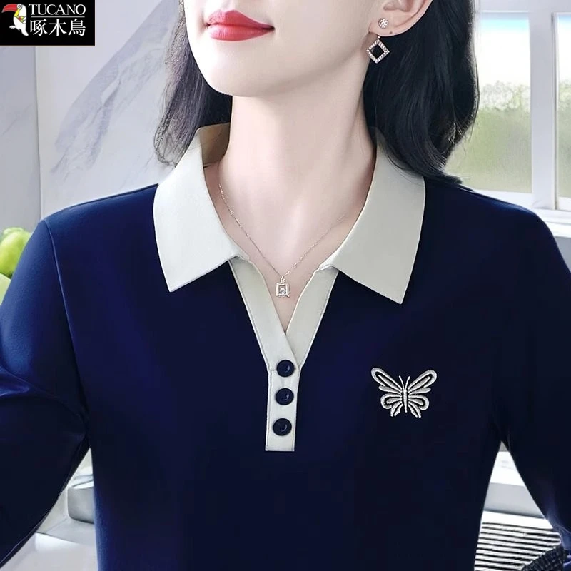 啄木鸟正品秋季长袖刺绣拼色上衣新款韩版翻领设计时尚气质T恤女