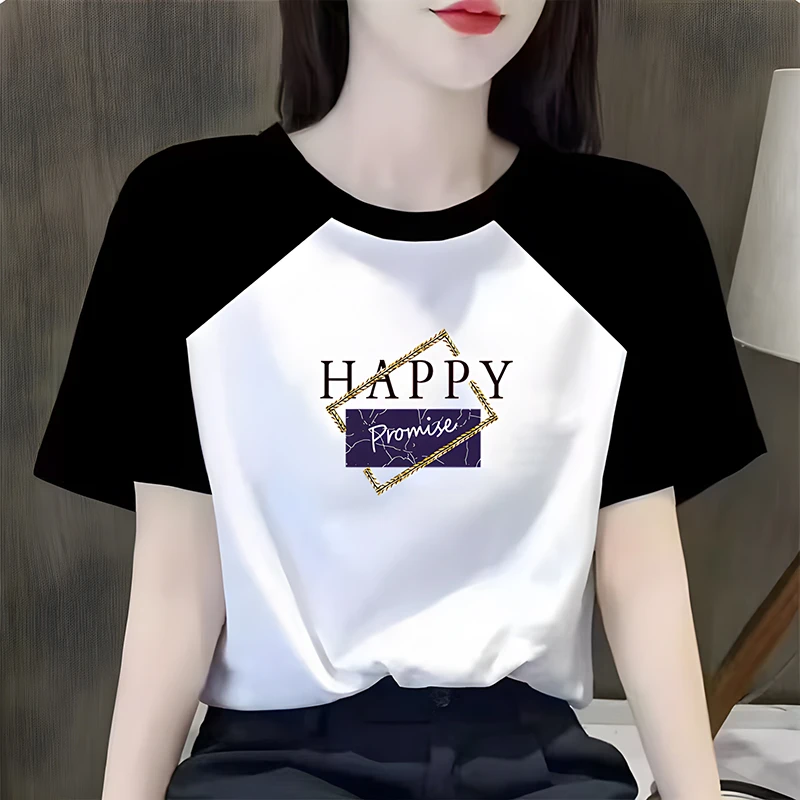 纯棉短袖t恤女新款圆领印花拼色半袖拼接宽松大码插肩袖韩版体恤