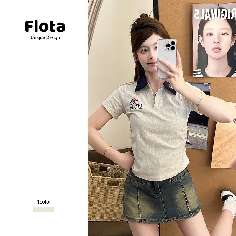 【flota】甜酷可爱卡通小狗刺绣拼色polo领短袖女夏季新款上衣1324