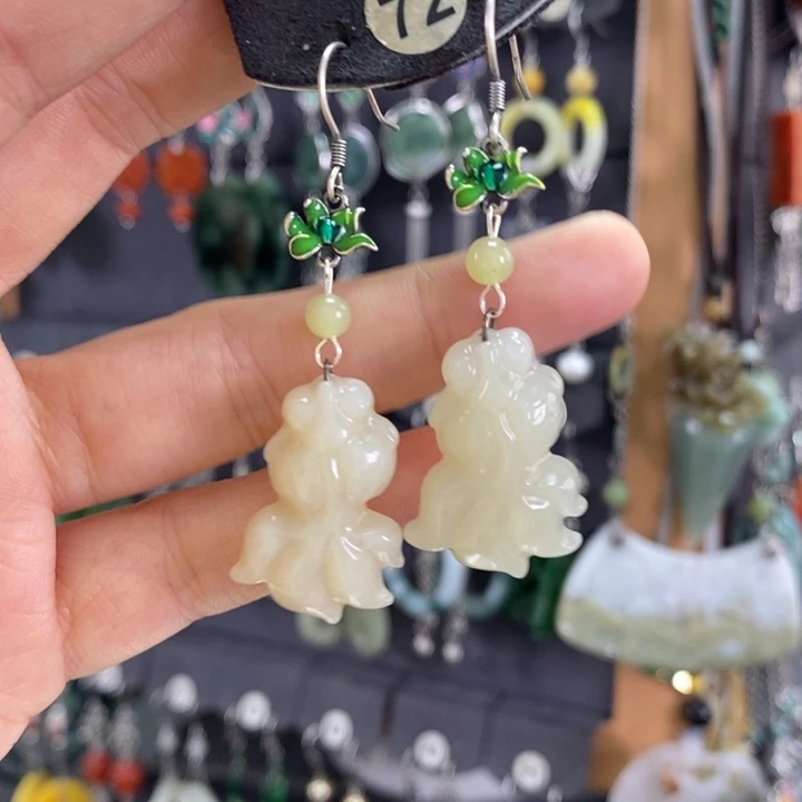 和田玉耳饰银S925镶嵌