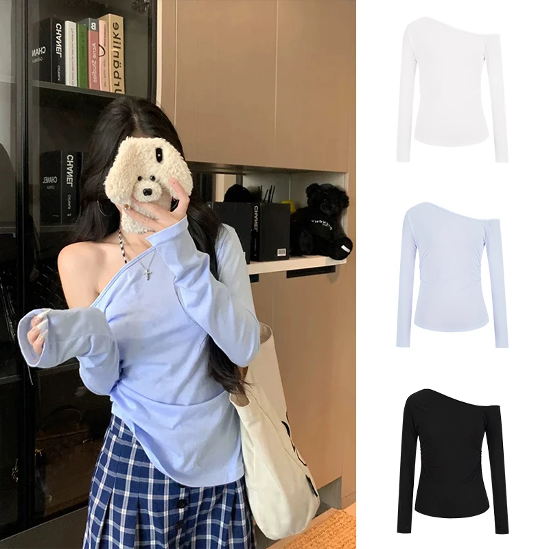 Moses Queen/魔西女王斜肩露肩防晒T恤夏季修身轻薄微透长袖上衣