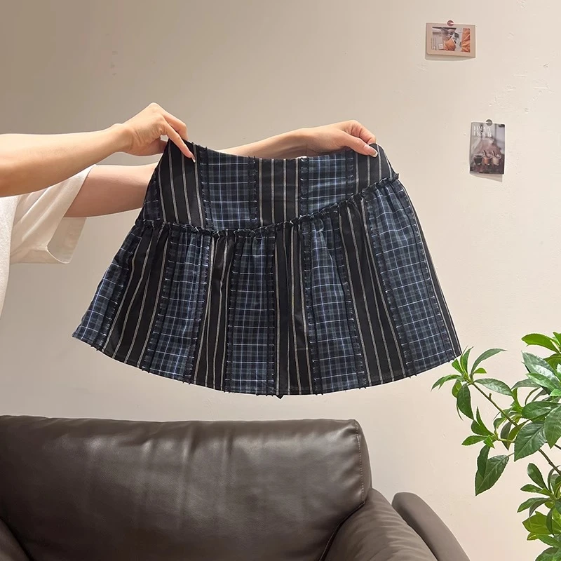 藏青色复古甜辣妹半身裙女夏高腰格子时尚气质独特a字小短裙夏季