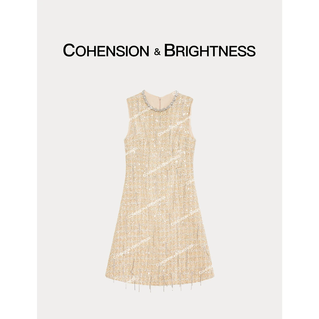 凝慧真的好【月下鎏金】秋冬圆领烫钻亮片粗花流苏连衣裙LQ089