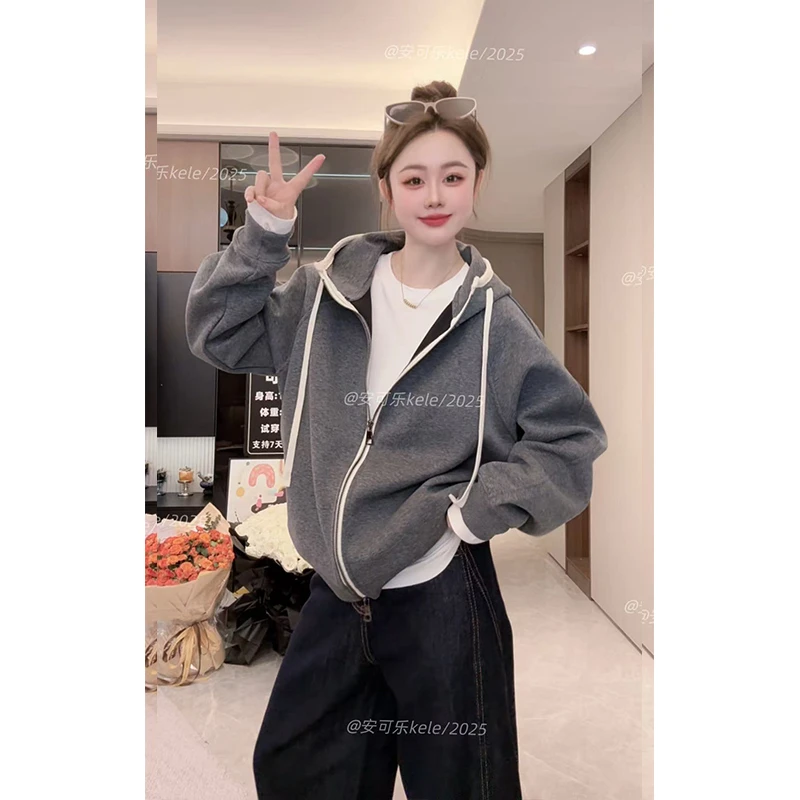 Bo韩系半高领秋冬显白百搭卫衣外套女连帽拉链开衫休闲运动厚外套
