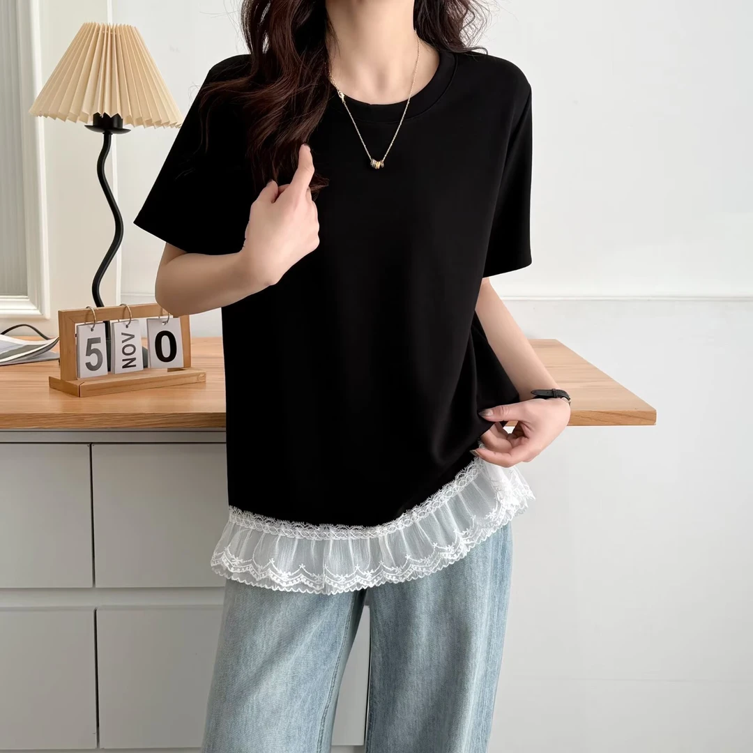丽姐大码女装短袖女t恤夏大码胖mm蕾丝花边拼接宽松夏季上衣5013