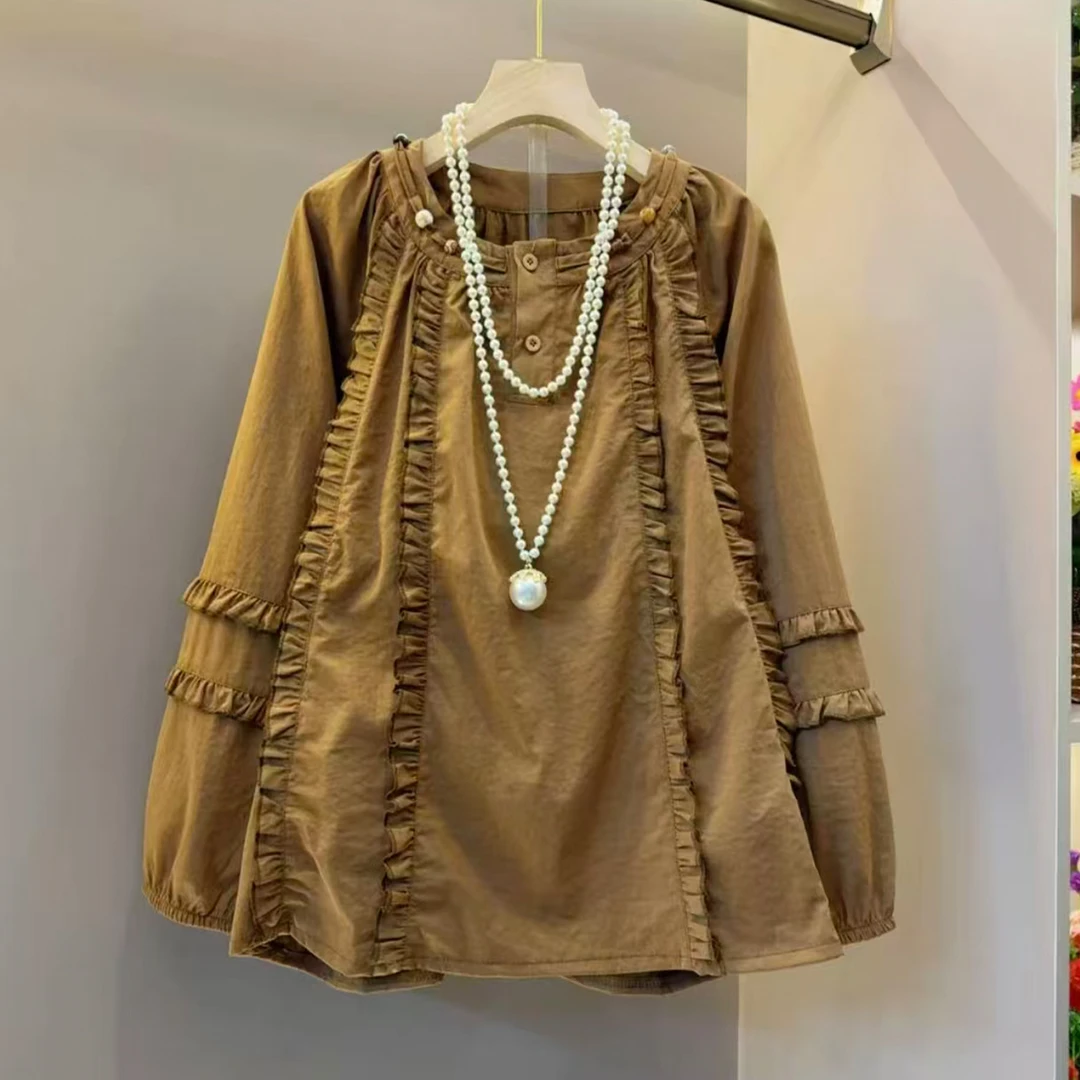 胖MM大码女装休闲纯色T恤衫2025秋季新款显瘦通勤百搭木耳边上衣